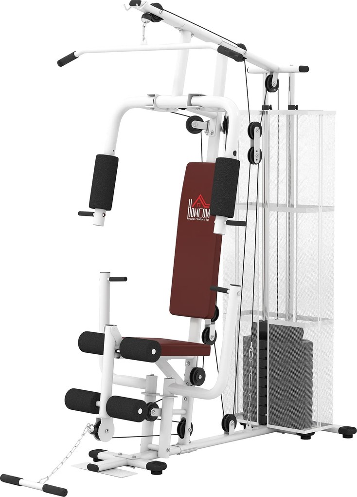HOMCOM Estação de Musculação Fitness com Latzug, Barra Butterfly, 45kg Pesos, Cabo, Suporta até 120kg, Treino Multifuncional Multistação para Casa Branco | Aosom Portugal
