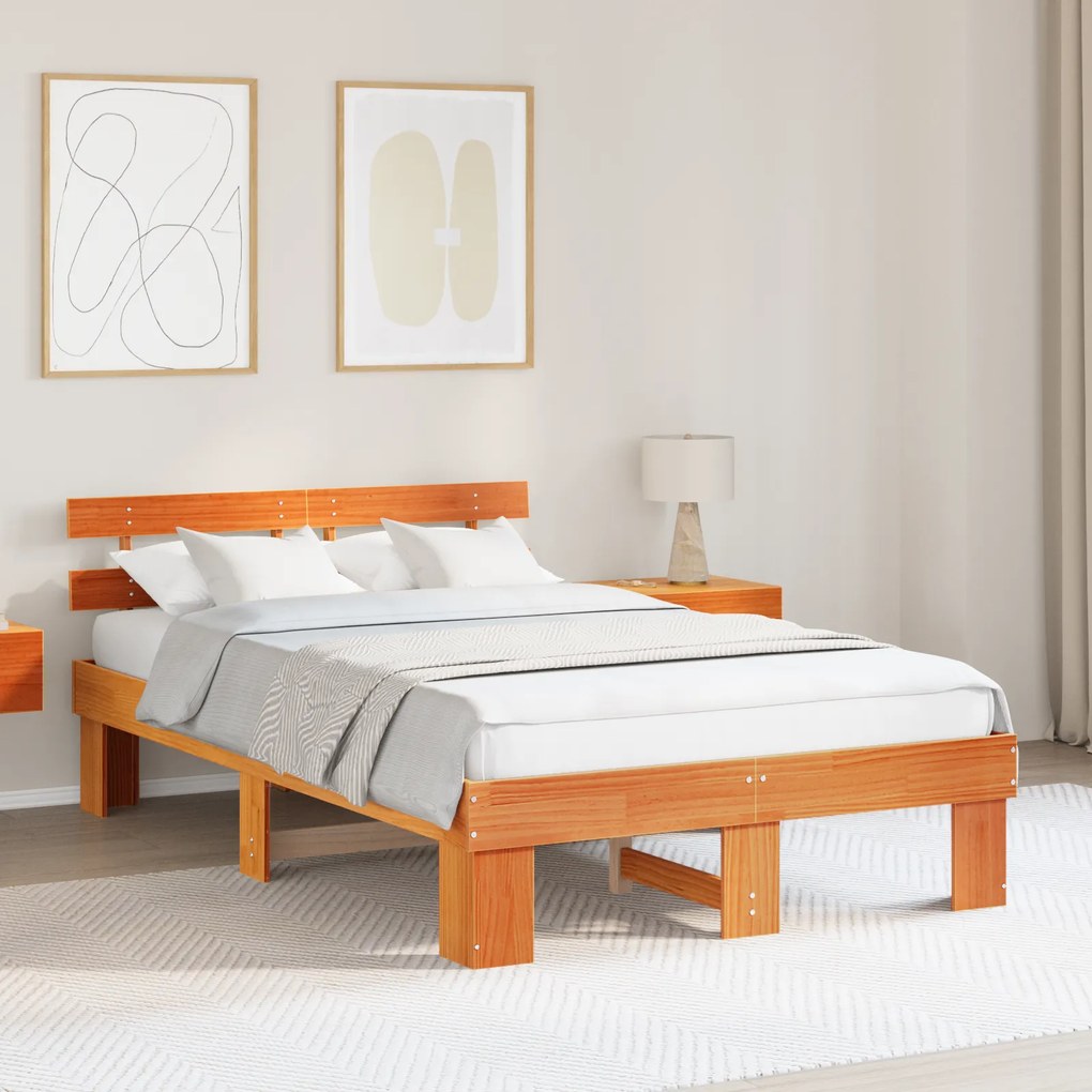 Estrado de Cama com Cabeceira Castanho Encerado 140x190 cm de Madeira