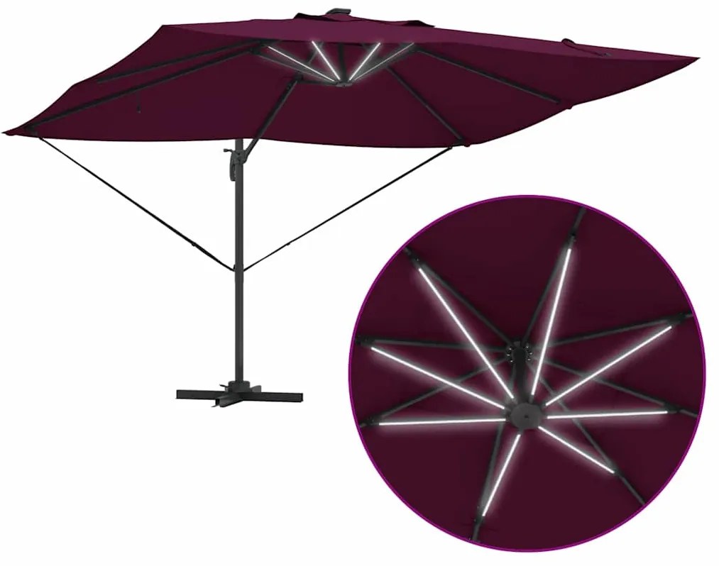 Parasol Cantilever Roma com LEDs Vermelho Bordeaux, 352 x 251 x 265 cm
