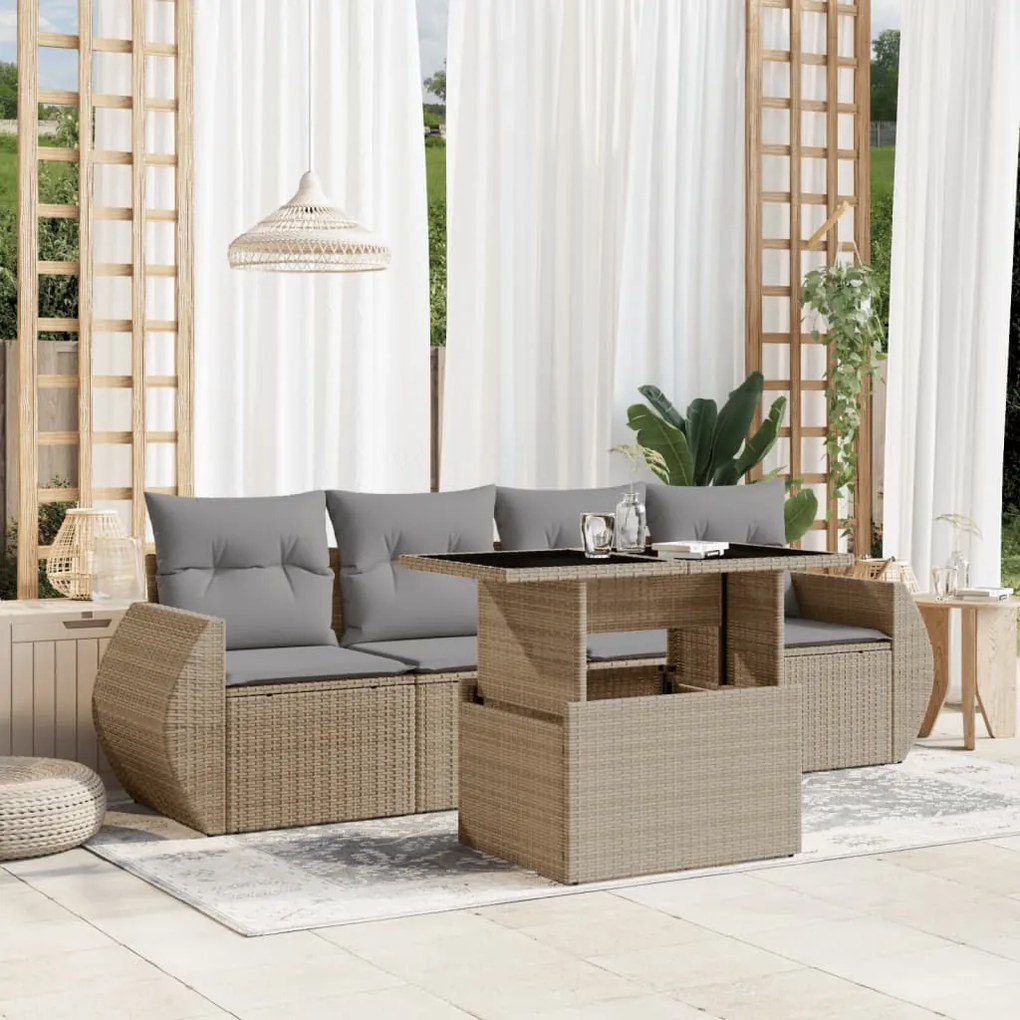 vidaXL 5 pcs conjunto de sofás p/ jardim com almofadões vime PE bege