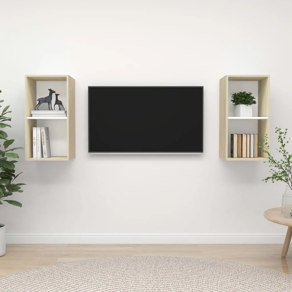 vidaXL Armários de parede p/ TV 2pcs derivados madeira branco/sonoma