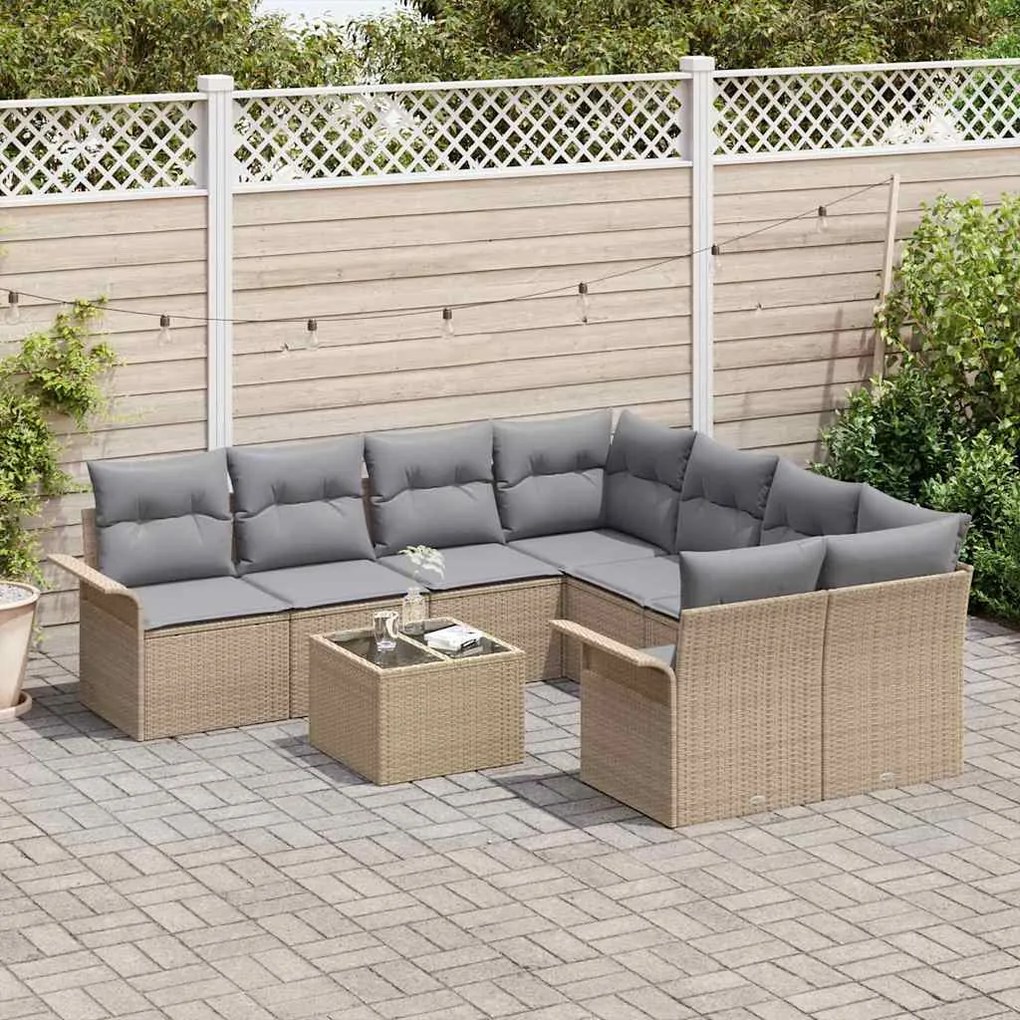 Conjunto de Sofás de Jardim 9 Peças com Almofadas Bege em Rattan