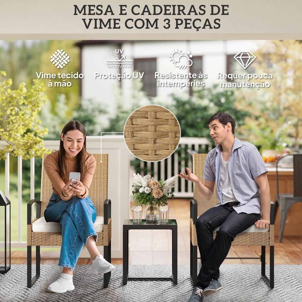 Conjunto de Jardim de 3 Peças com 2 Cadeiras e Mesa de Vime com Encosto Ajustável e Bancada de Vidro Bege e Branco