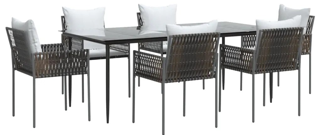 7 pcs conjunto de jantar p/ jardim c/ almofadões vime PE e aço