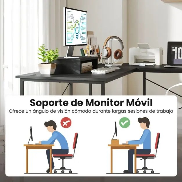 Secretária em forma de L 150 cm reversível com suporte para monitor removível e gestão de cabos para escritório em casa cinzento
