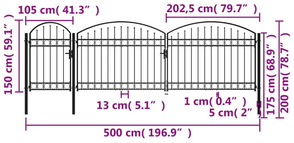 Cerca de jardim com topo arqueado 2x5 m aço preto