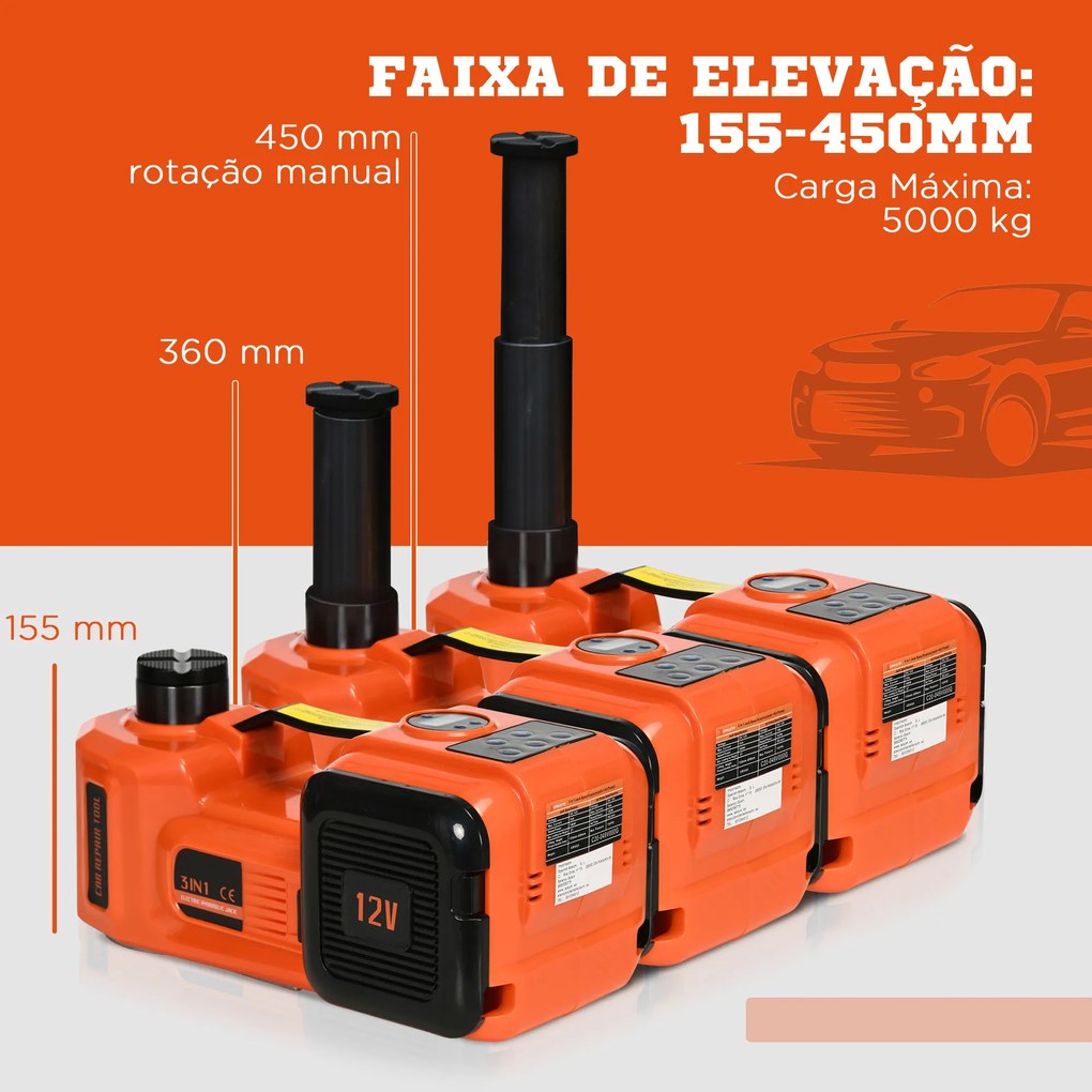 Kit de Macaco Elétrico para Carro 12V Macaco Elétrico para até 5 Toneladas de 15,5x45cm com Reparação para Pneus Luz LED e Inflador para Carro SUV Sed