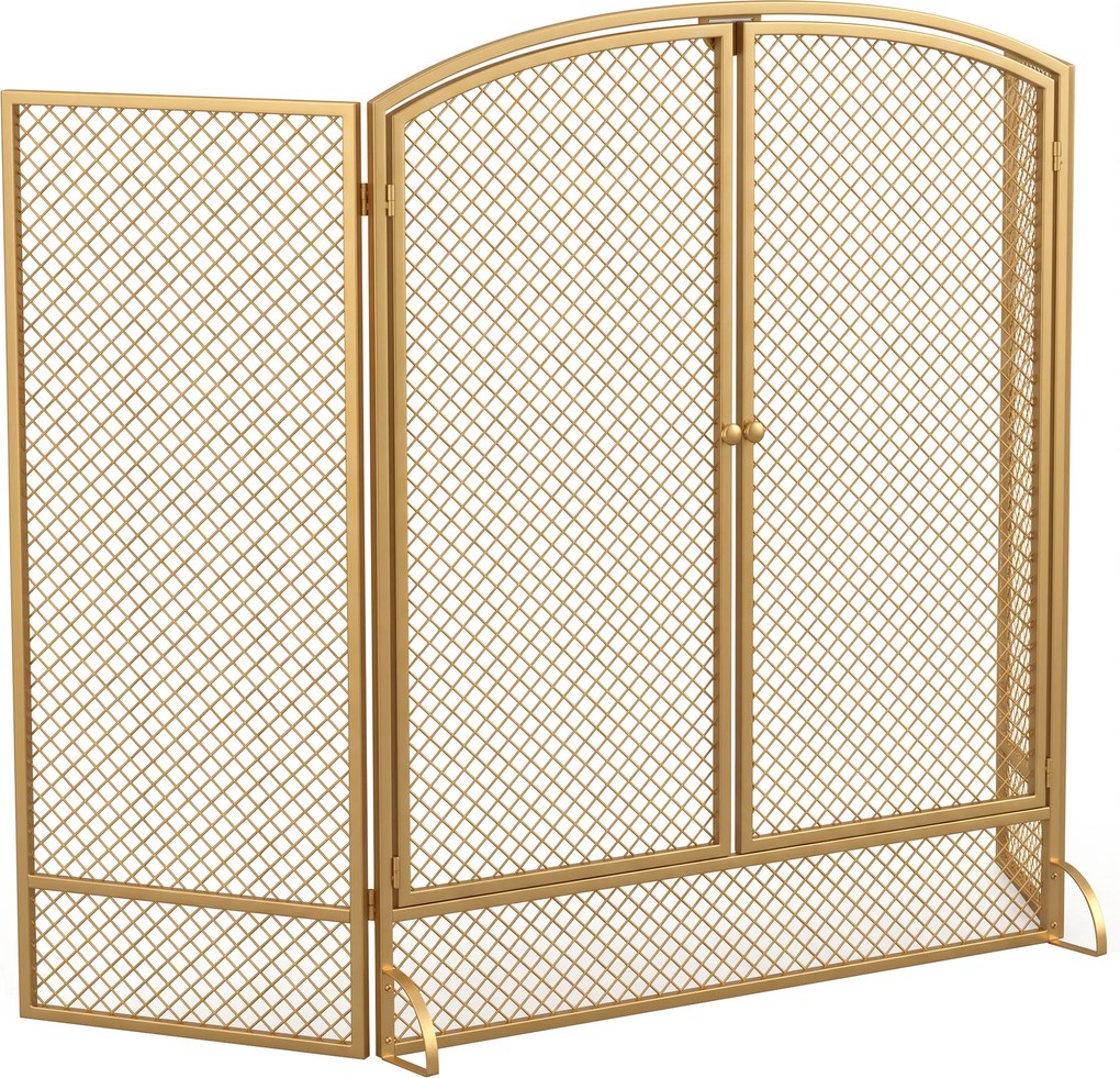 HOMCOM Guarda-Fagulhas para Lareira Dobrável de 3 Painéis em Metal com Porta Dupla para Casa 122x75 cm Dourado | Aosom Portugal