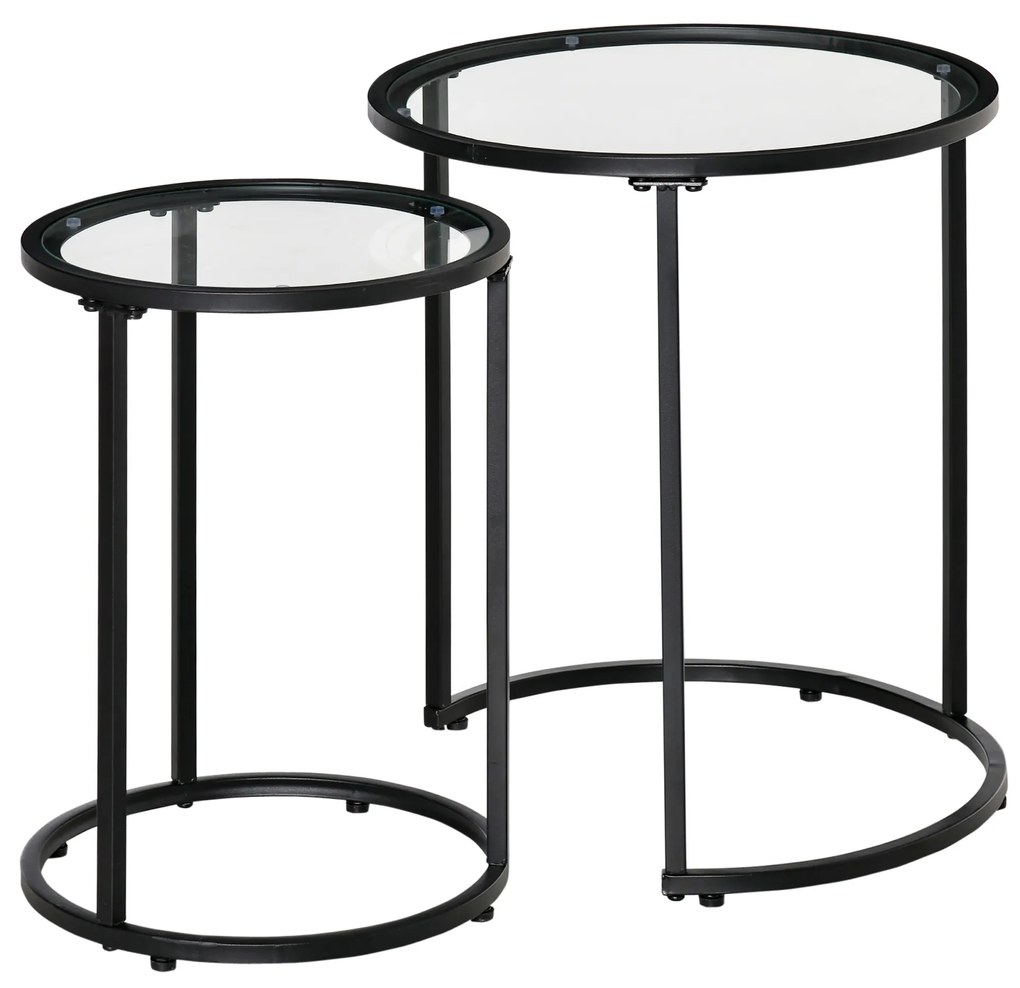 HOMCOM Conjunto de 2 Mesas Auxiliares com Estrutura de Metal e Bancada de Vidro Ø50x58 cm e Ø37x51 cm Preto | Aosom Portugal