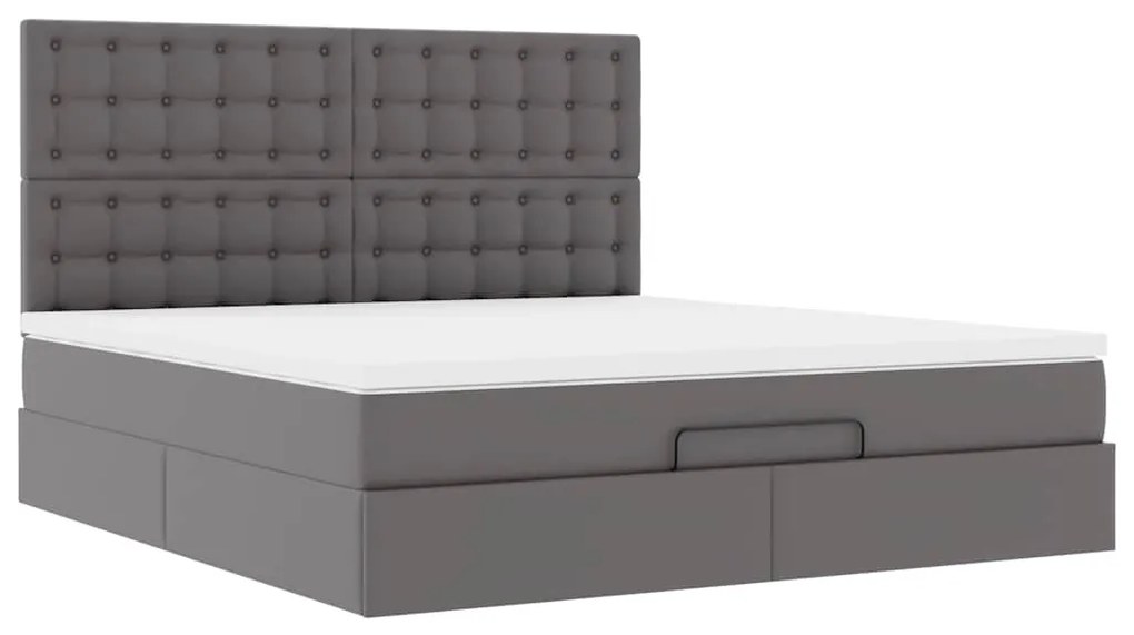 Estrutura de cama otomana com colchão cinza couro falso