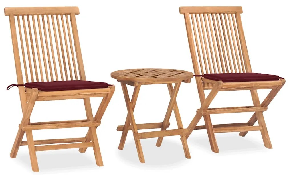 vidaXL 3 pcs conj. jantar dobrável exterior c/ almofadão teca maciça