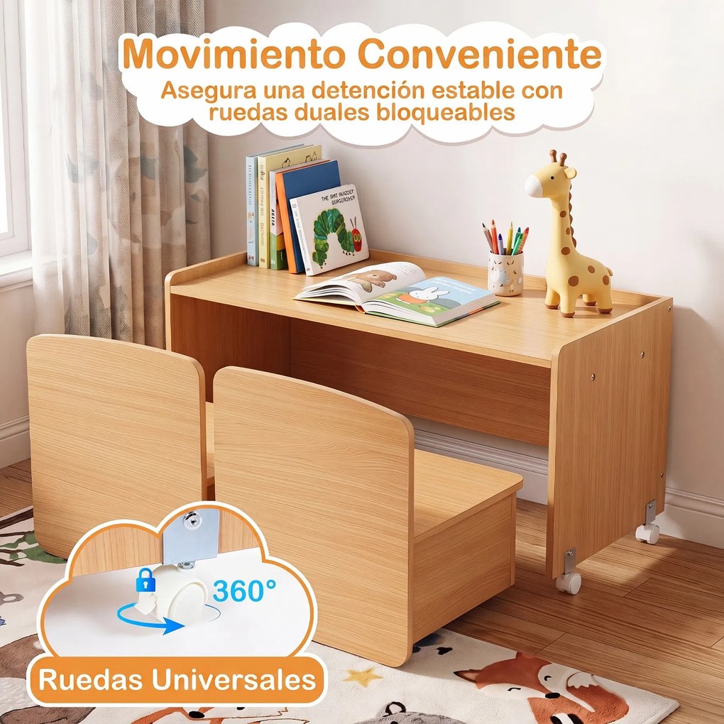 Conjunto Infantil 3 em 1, Armário, Secretária e 2 Cadeiras, 90 x 40 x 94 cm, Com Prateleiras Ajustáveis, Natural