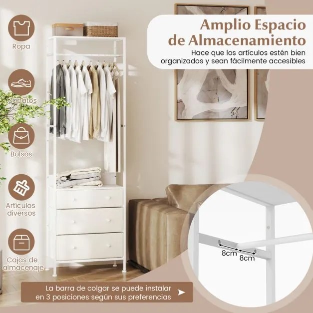 Guarda Roupa com gavetas com barra para pendurar e prateleiras para entrada do quarto 55 x 28 x 176 cm Branco