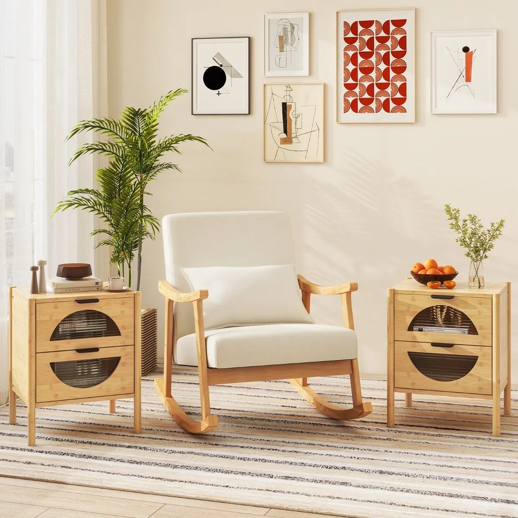 Conjunto de 2 mesas de cabeceira modernas 45 x 40 x 56 cm com 2 gavetas e frentes em vidro temperado estriado para quarto e sala de estar em tom natur