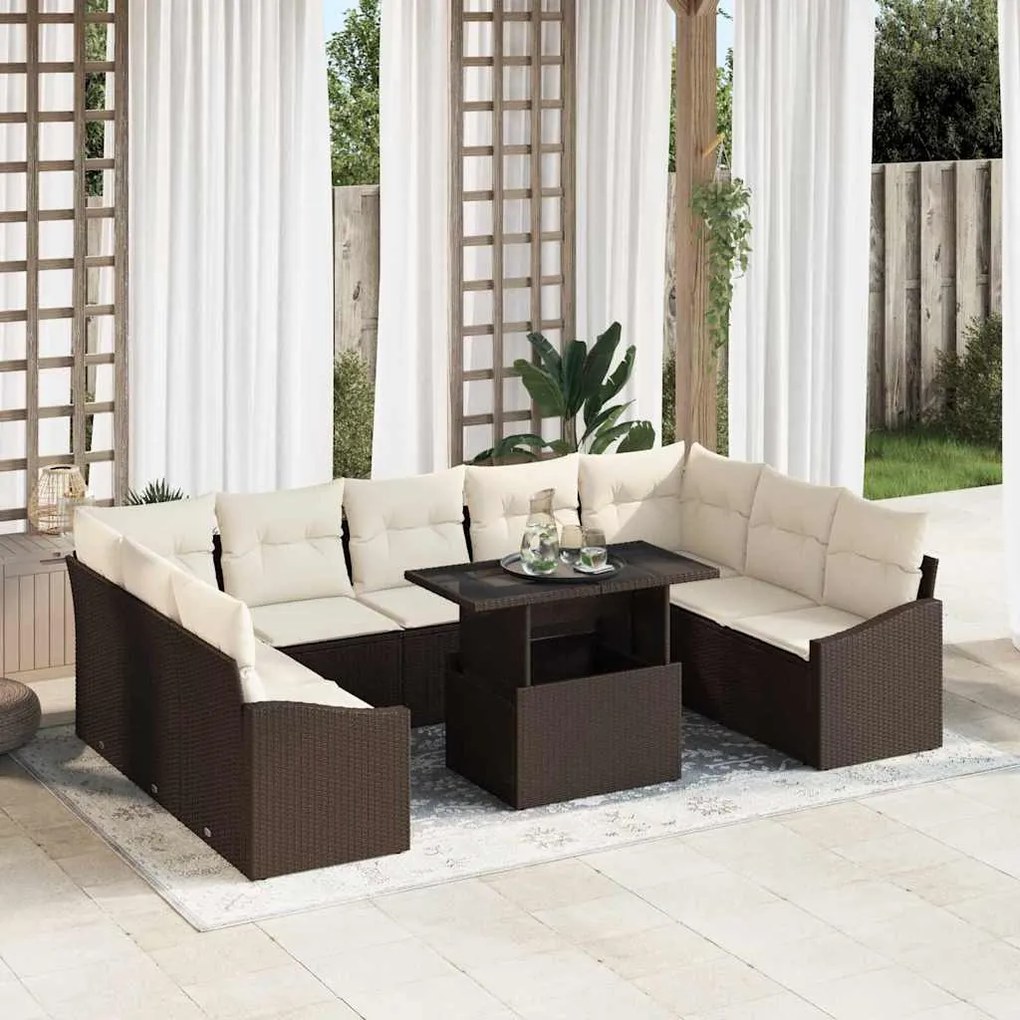 vidaXL Conjunto de Sofá de Jardim com almofada 10 pcs Marrom, Creme