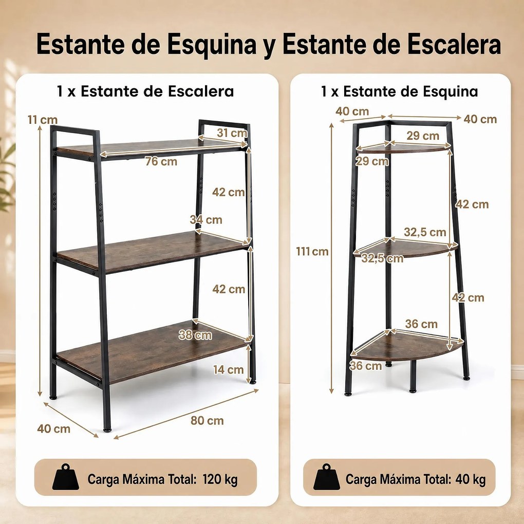Conjunto de 2 Estantes de Arrumação Retangular e de Canto, 80 x 40 x 111 cm, Estrutura Metálica Resistente, castanho