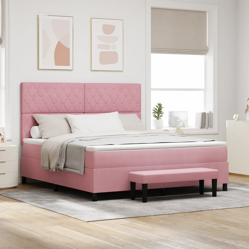 vidaXL Cama Box Spring com Colchão &amp; Banco Rosa 180x200 cm Veludo