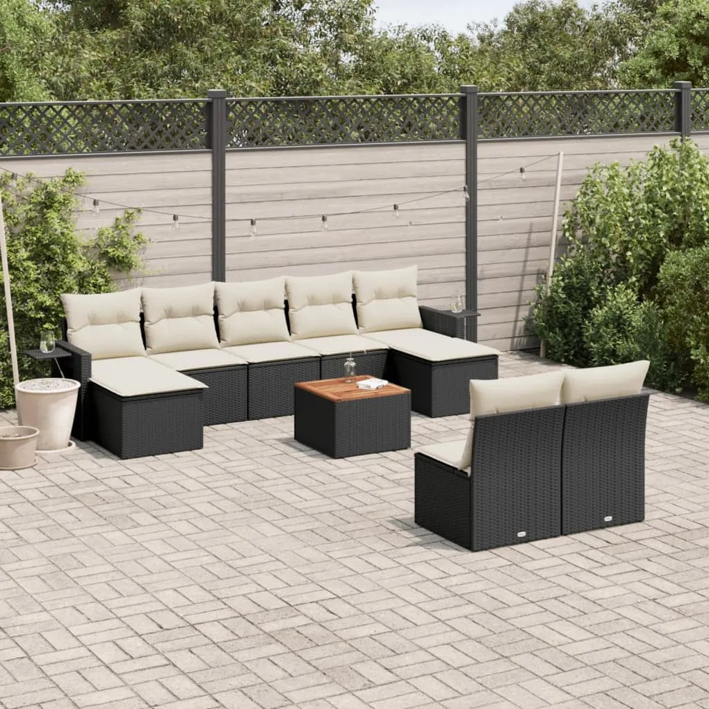 10 pcs conjunto sofás de jardim c/ almofadões vime PE preto