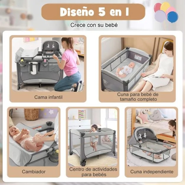 Berço e Centro de atividades bebés portátil 5 em 1 com berço de proteção, trocador de fraldas, colchão removível, 2 rodas, 110 x 78 x 78 cm, cinza