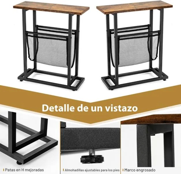 Mesa de apoio industrial de 2 níveis rústica para espaços apertados Rede de revistas Mesa de sofá retro