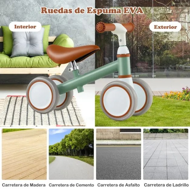 Bicicleta de equilíbrio para bebés de 1 a 3 anos com guiador e assento ajustáveis Brinquedo sem pedais para passear Verde