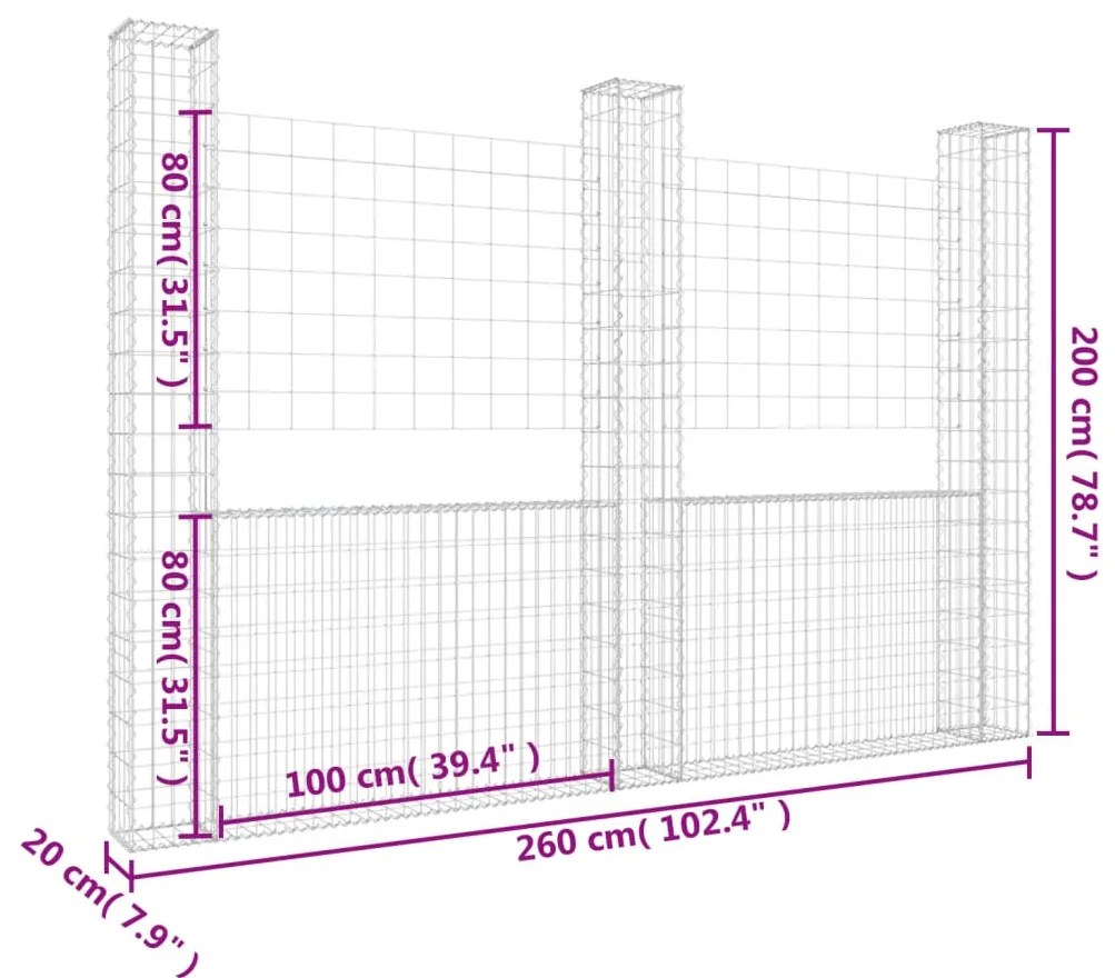 Cesto gabião em forma de U c/ 3 postes 260x20x200 cm ferro