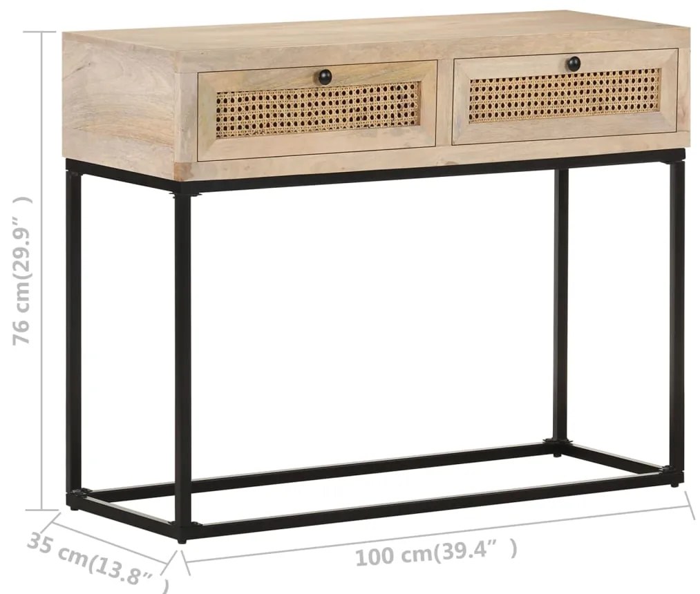 Mesa consola 100x35x76 cm mangueira maciça e palha natural