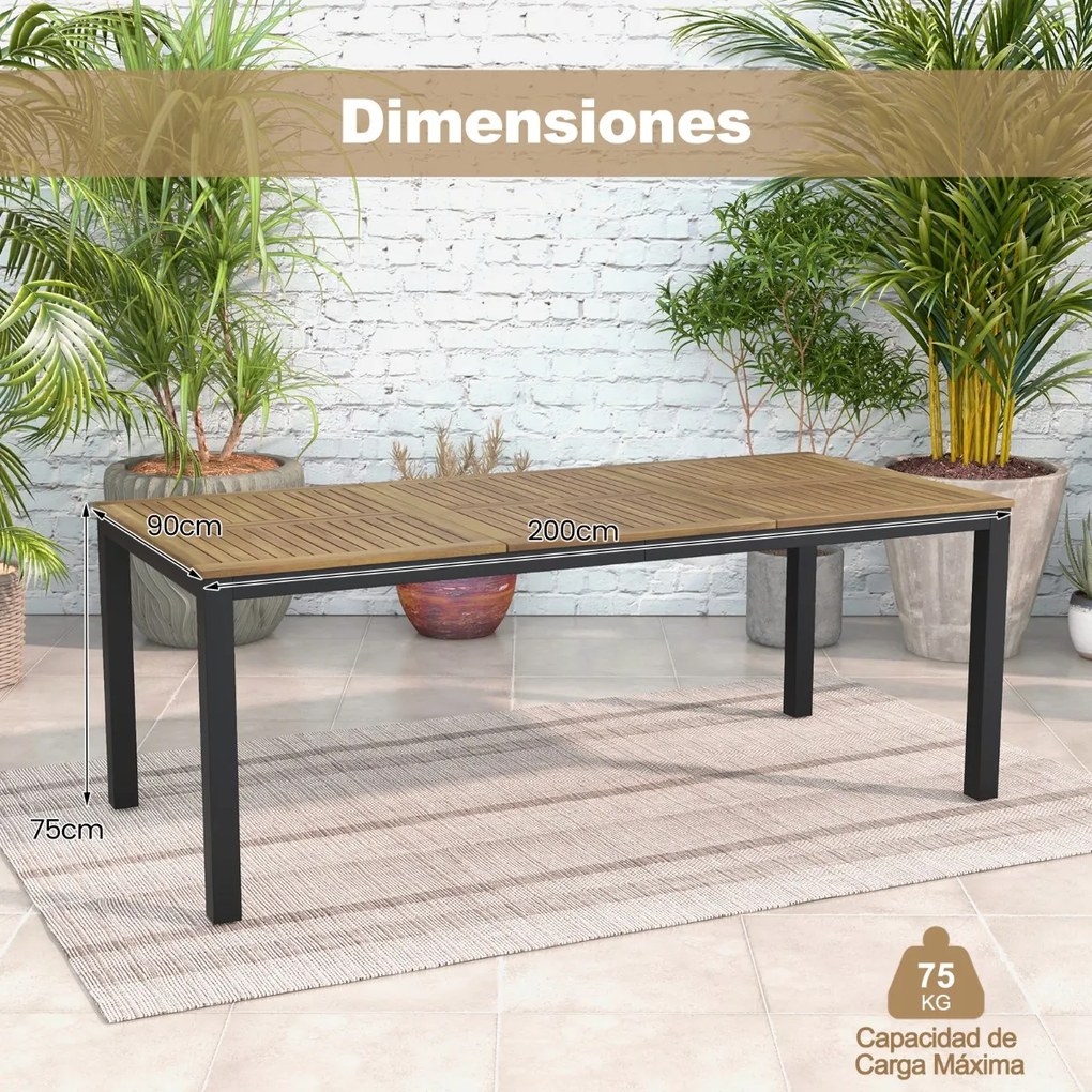 Mesa de jantar de Jardim para 8 pessoas de madeira de acácia 200 x 90 x 75 cm com furo para guarda-sol Pernas de metal Natural e preto