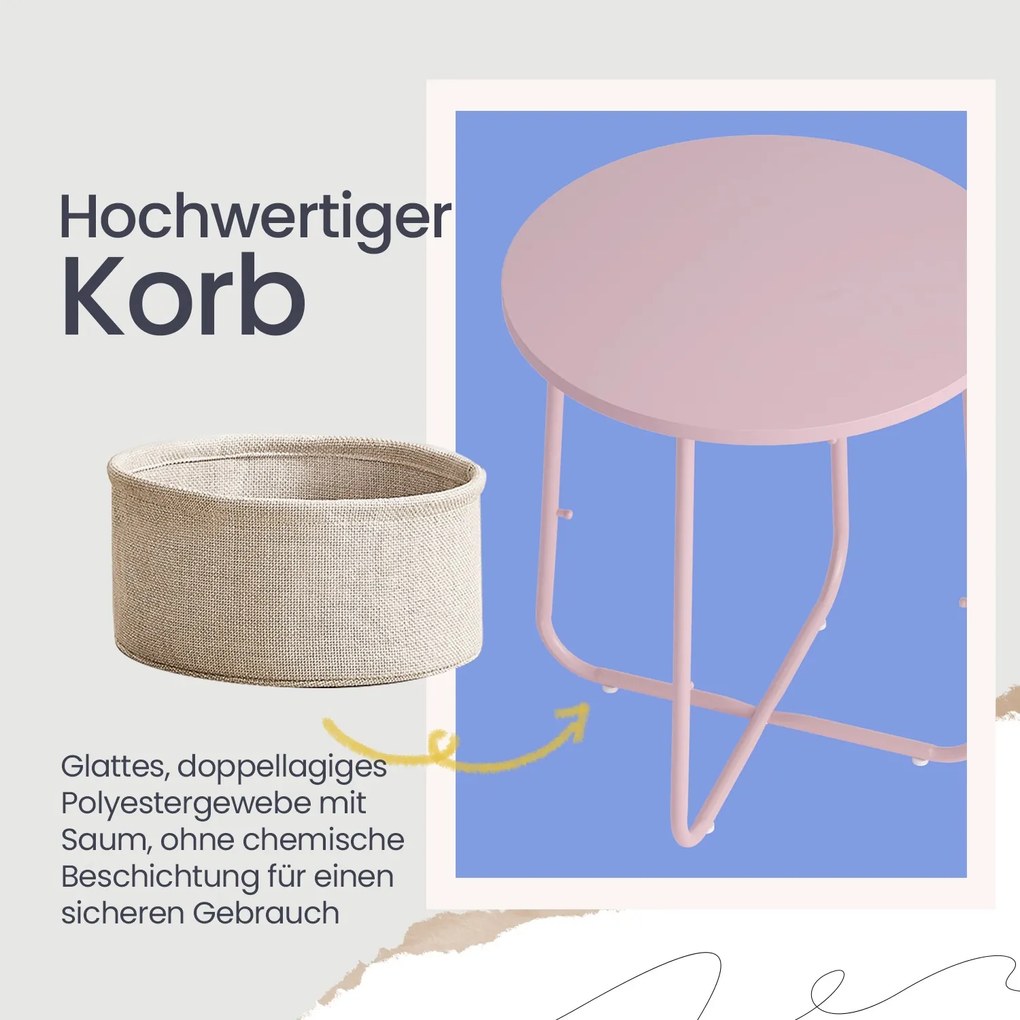 Mesa auxiliar redonda com cesto em tecido 45 x 50 cm rosa + branco creme