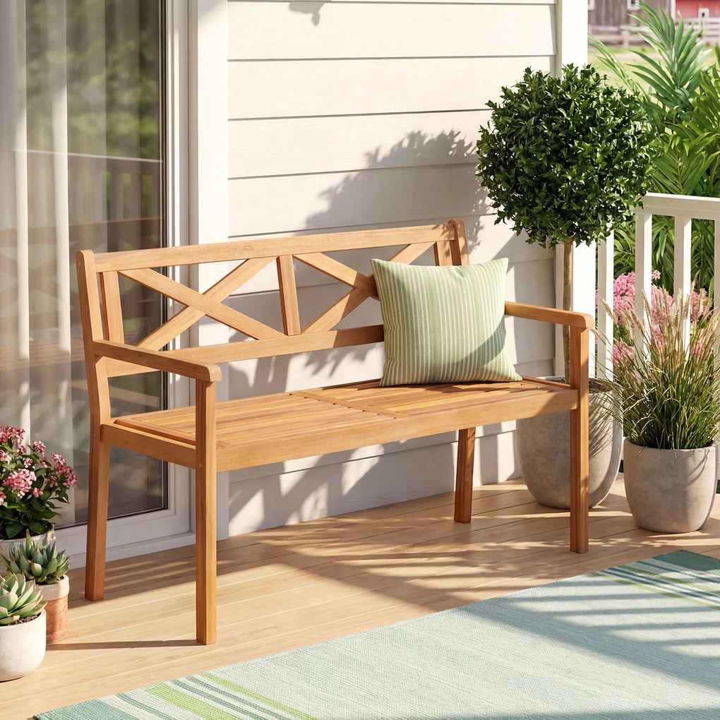 Banco de jardim de acácia de 2 lugares com encosto, 56 x 119 x 80 cm braços e assento em ripas, com capacidade para 360 kg, Natural