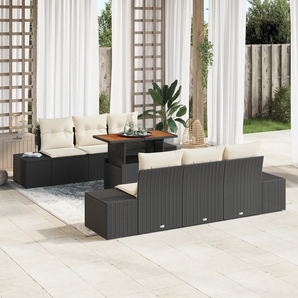 Conjunto de Sofás de Jardim de 7 Peças com Almofadas Preto Polirattan