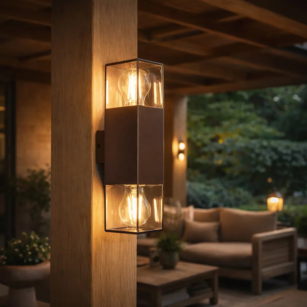 Candeeiro de parede exterior castanho ferrugem com abajur fumê 2 luzes IP44 - Denmark