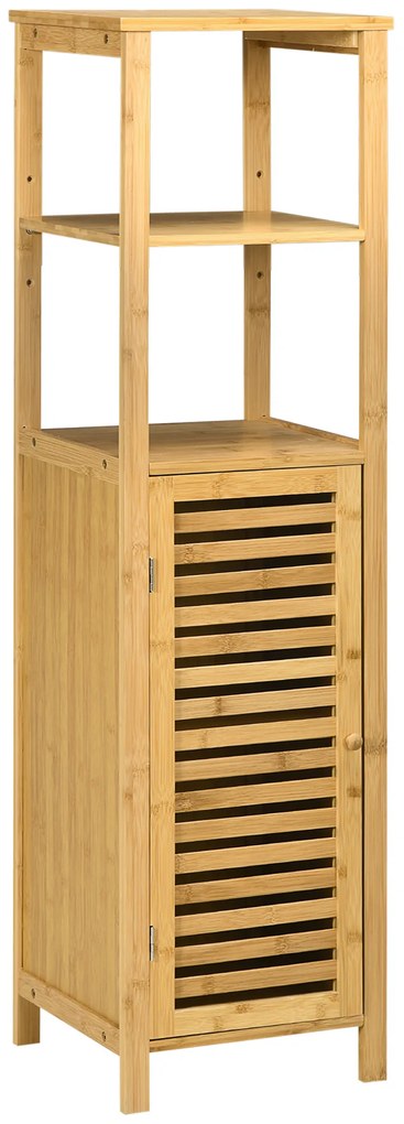 kleankin Armário Auxiliar Casa de Banho de Bambu com 2 Prateleiras Abertas e Porta de Ripas para Duche 32,9x29,9x120 cm Madeira