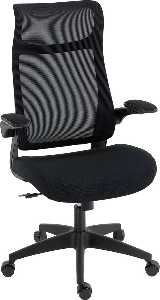 HOMCOM Cadeira de Escritório Ergonómica com Suporte Lombar e Apoios de Braços 3D Dobráveis Função de Basculante 64x65x108-118 cm Preto | Aosom Portugal