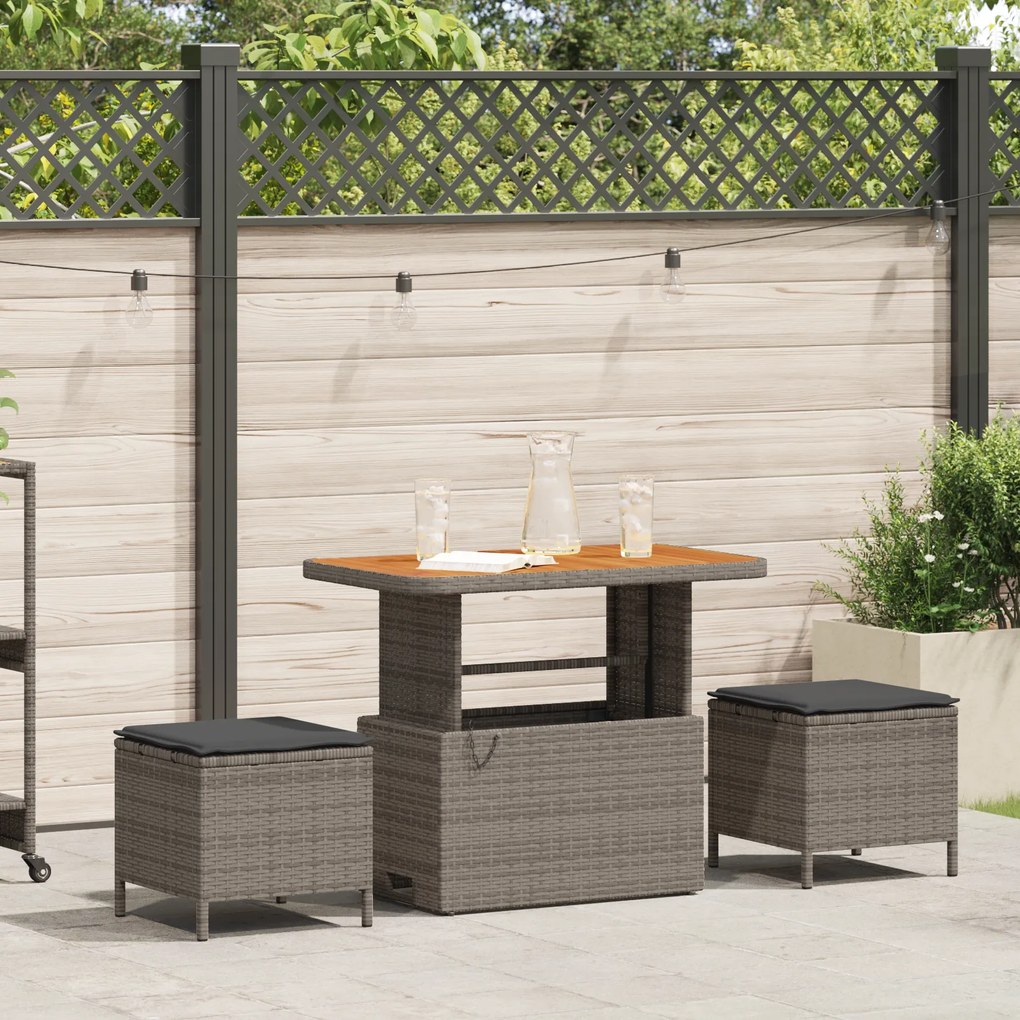 Conjunto de Jantar de Jardim de 3 Peças com Almofadas Cinza de Polirattan e Acácia