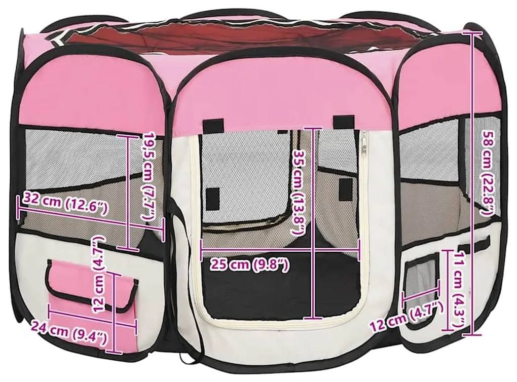 Parque dobrável p/ cão c/ saco de transporte 90x90x58 cm rosa