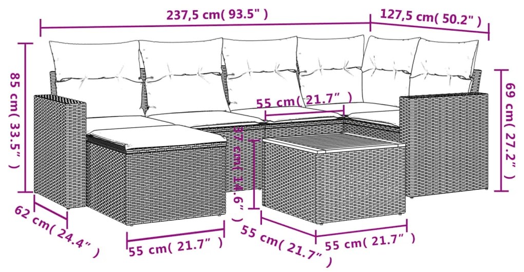 7 pcs conjunto sofás p/ jardim c/ almofadões vime PE cinzento