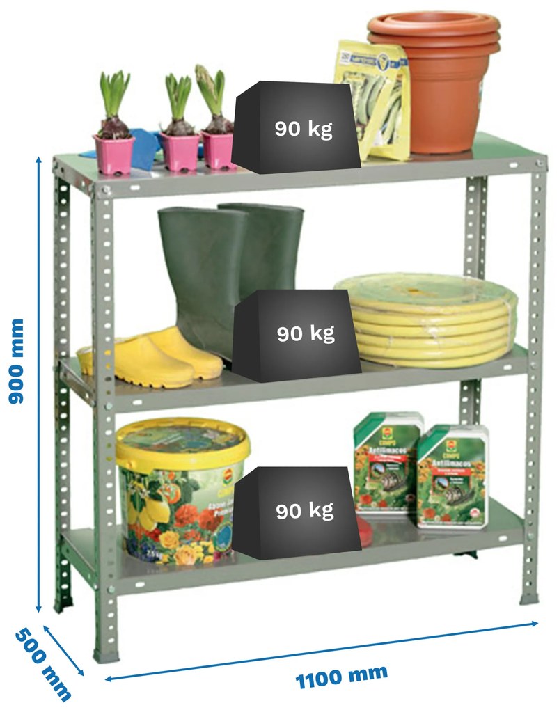 Estante com 3 Prateleiras METÁLICA COMFORT SUPERPLUS 3/500 900 CINZENTA Capacidade P/ prateleira 0 Kg Dimensões 900x1100x500 mm