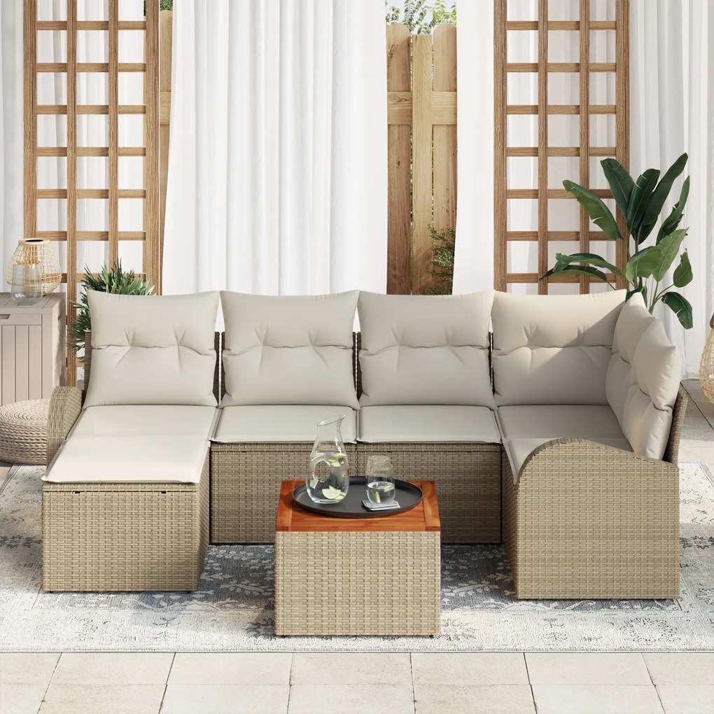 Conjunto de Sofá de Jardim de 7 Peças com Almofadas Bege Polirattan Ac