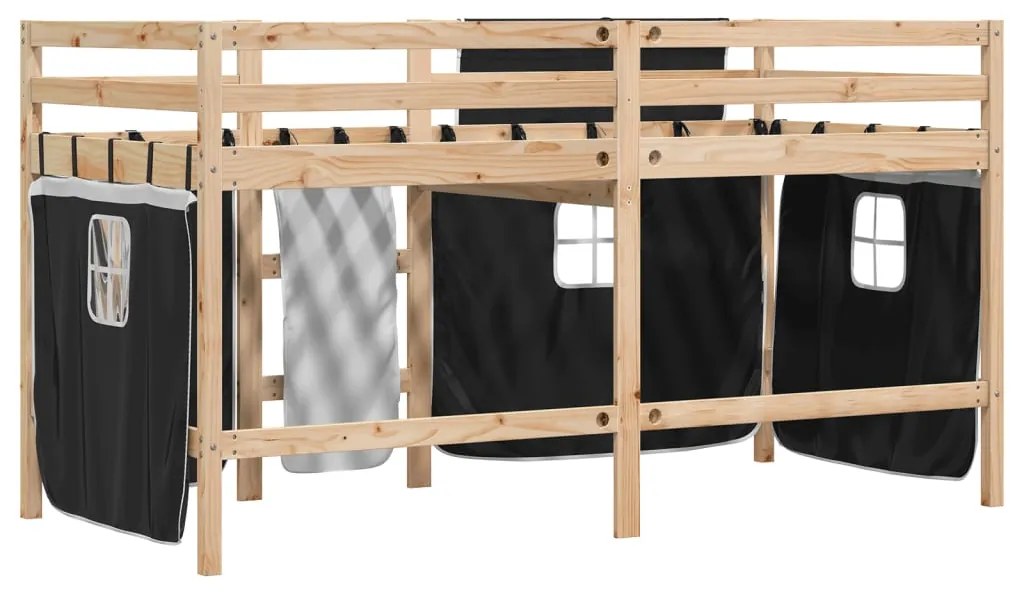 Cama alta criança c/ cortina 90x190cm pinho maciço branco/preto