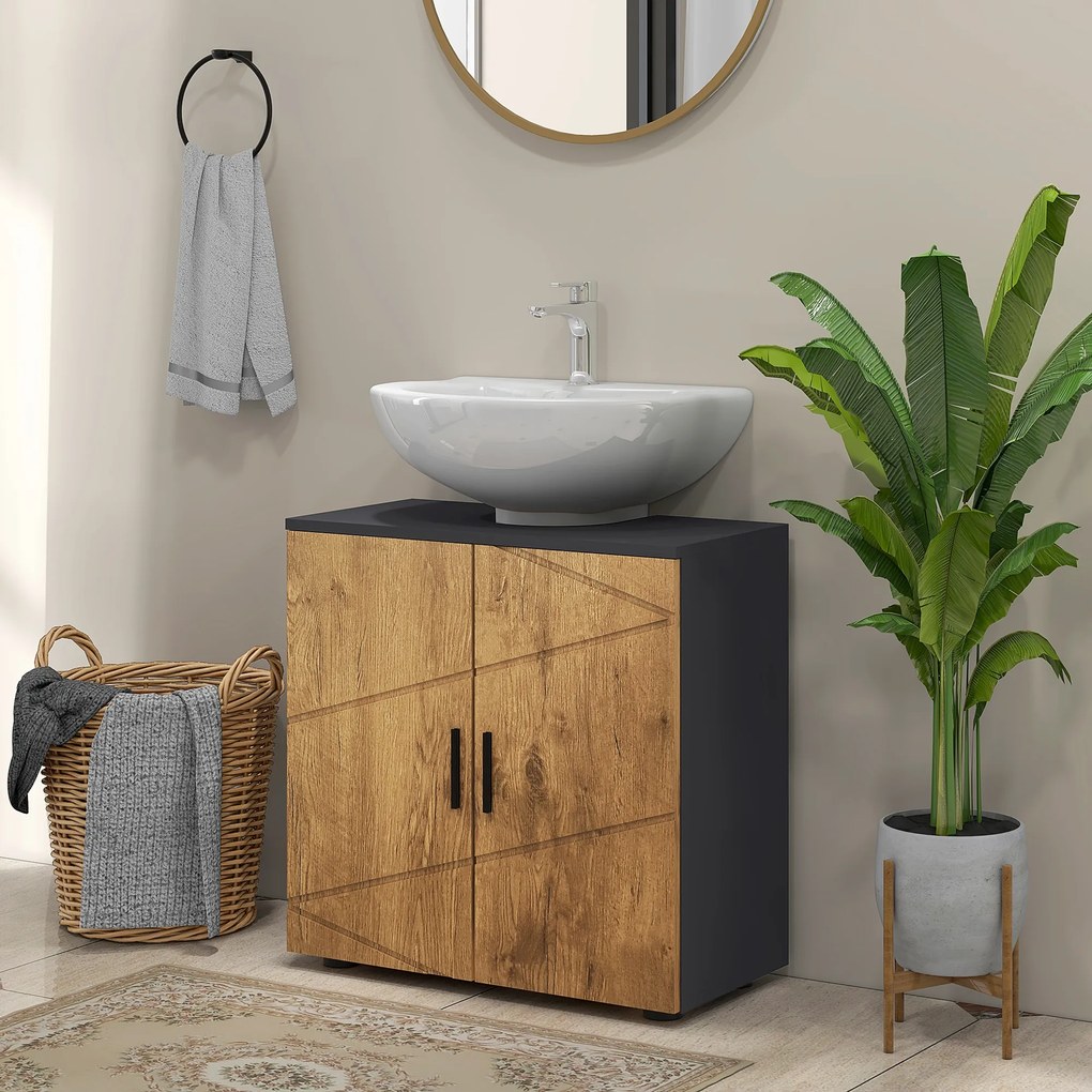 Móvel de casa de banho para lavatório (NÃO INCLUÍDO) com 2 portas e prateleira, 60 x 30 x 60 cm, cinzento antracite e acabamento em imitação de madeir