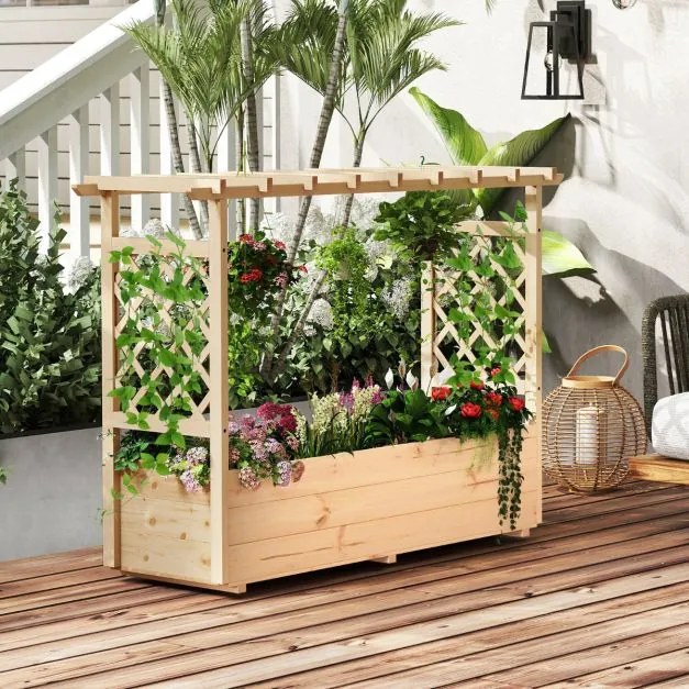 Floreira de jardim elevada com treliça, teto suspenso e drenagem madeira para trepadeiras e flores 148 x 50 x 103 cm Natural