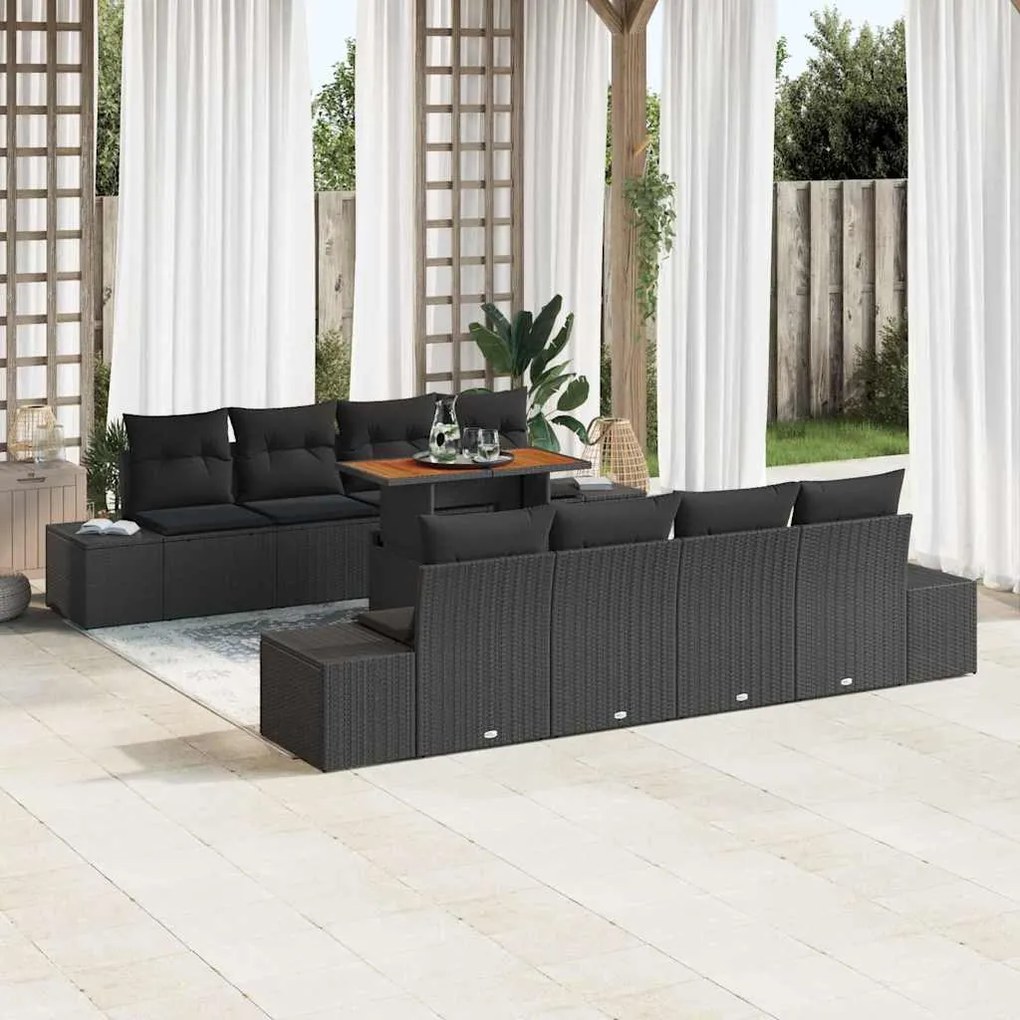 vidaXL Conjunto de Jantar para Jardim com 9 Peças e Almofadas Preto de Rattan e Poliéster, Acácia