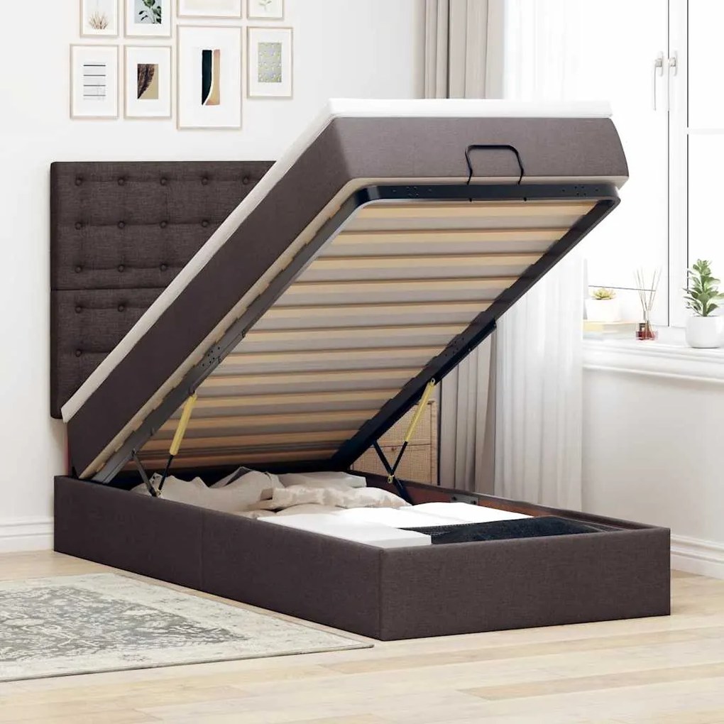 Cama otomana com colchão & LEDs 90x200cm tecido castanho escuro