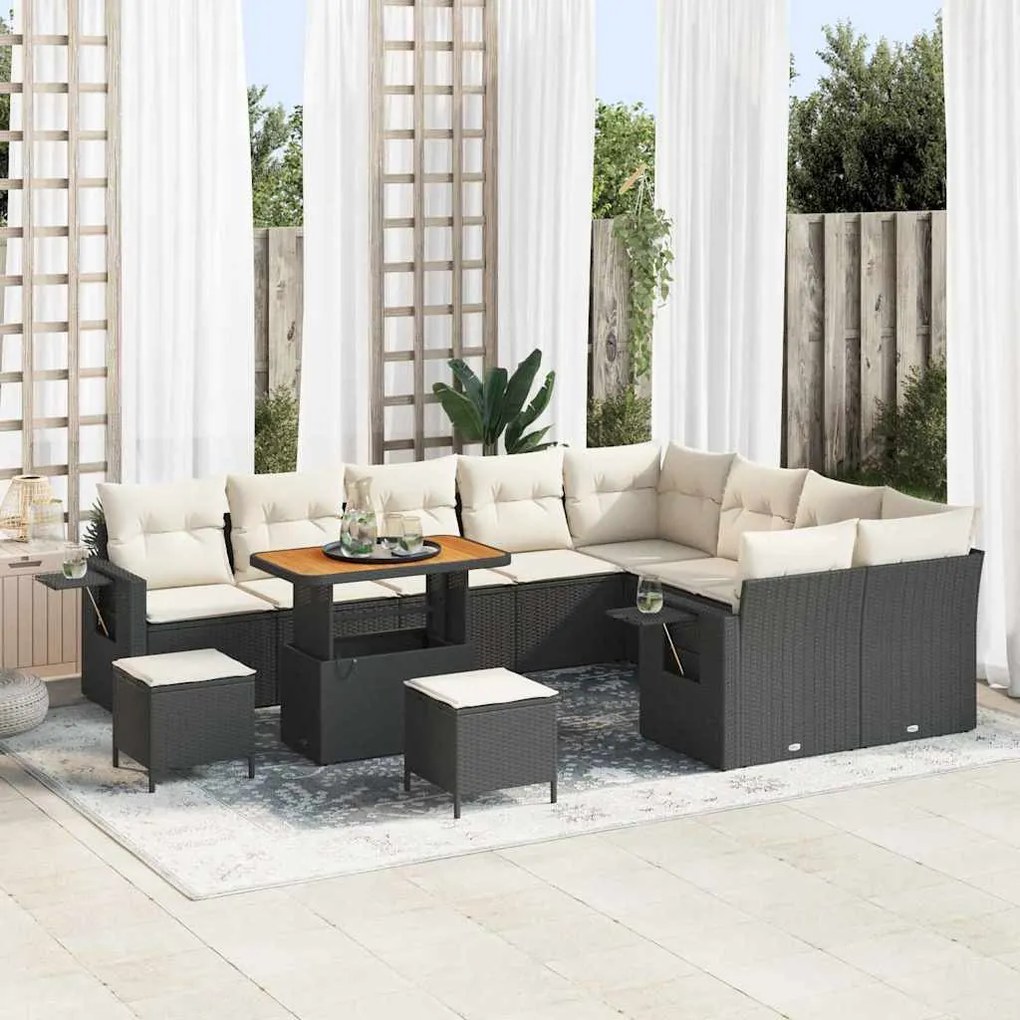 vidaXL Conjunto de Sofá de Jardim de 12 Peças com Almofadas Pretas em Rattan Sintético e Acácia