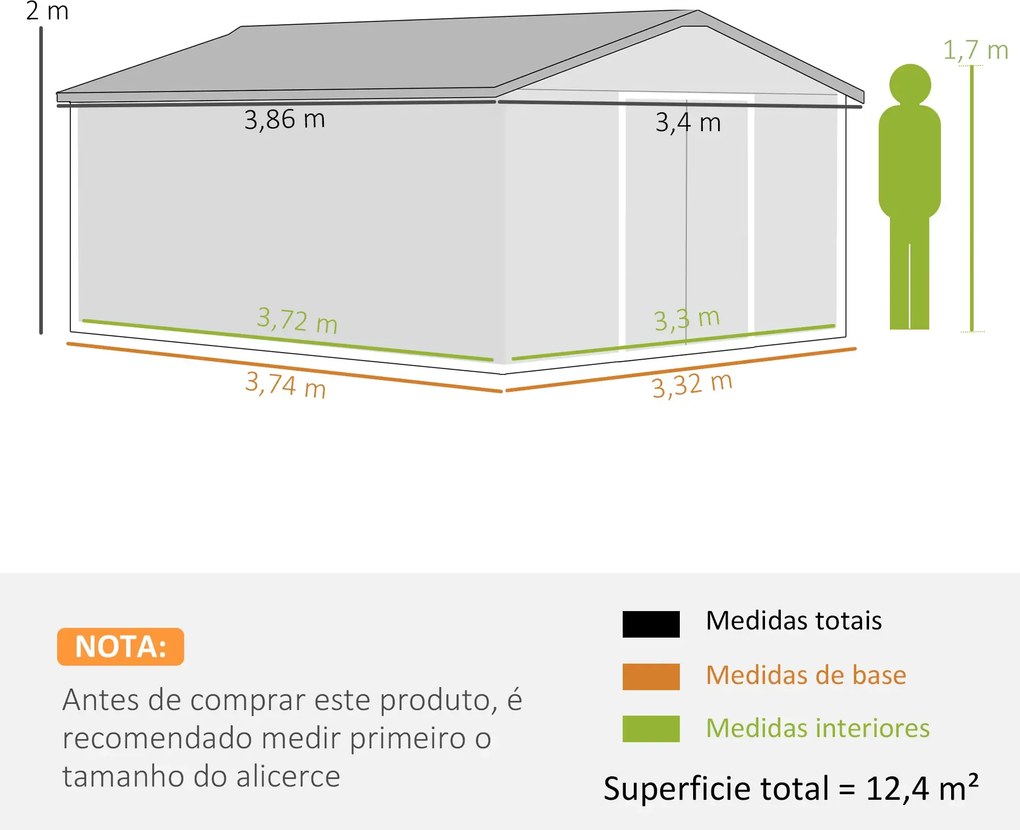 Abrigo de Jardim Metálico 340x386x200cm Abrigo de Exterior para Armazenamento de Ferramentas com estrutura Base Incluida (PISO NÃO INCLUIDO) 4 Janelas