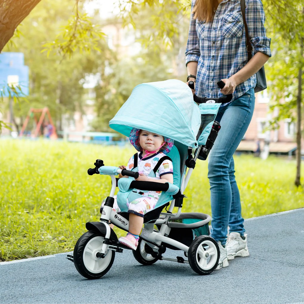 Triciclo para Bebés 2 em 1 de +12 Meses com Capota Dobrável Guiador Telescópico e Removível Bolsa e Porta-Garrafas Verde Água