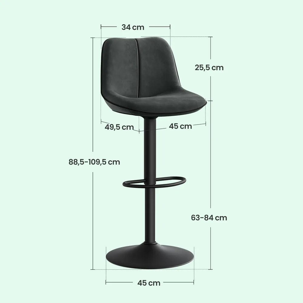 Conjunto 2 de bancos de bar com altura ajustável 49,5 x 45 x (88,5-109,5) cm, assento giratório e estofo em veludo cinzentos