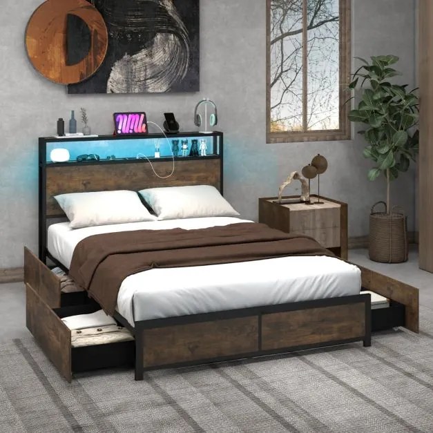 Estrutura de cama de casal 140 x 200 cm em metal (COLCHÃO NÃO INCLUIDO) Cabeceira com luz LED RGB 4 Ligação USB  gavetas de arrumação Castanha