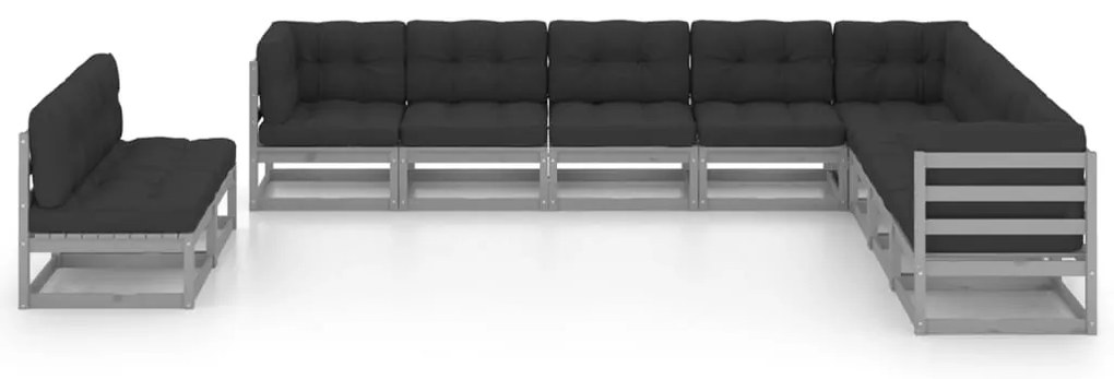 10pcs conjunto lounge de jardim + almofadões pinho maciço cinza
